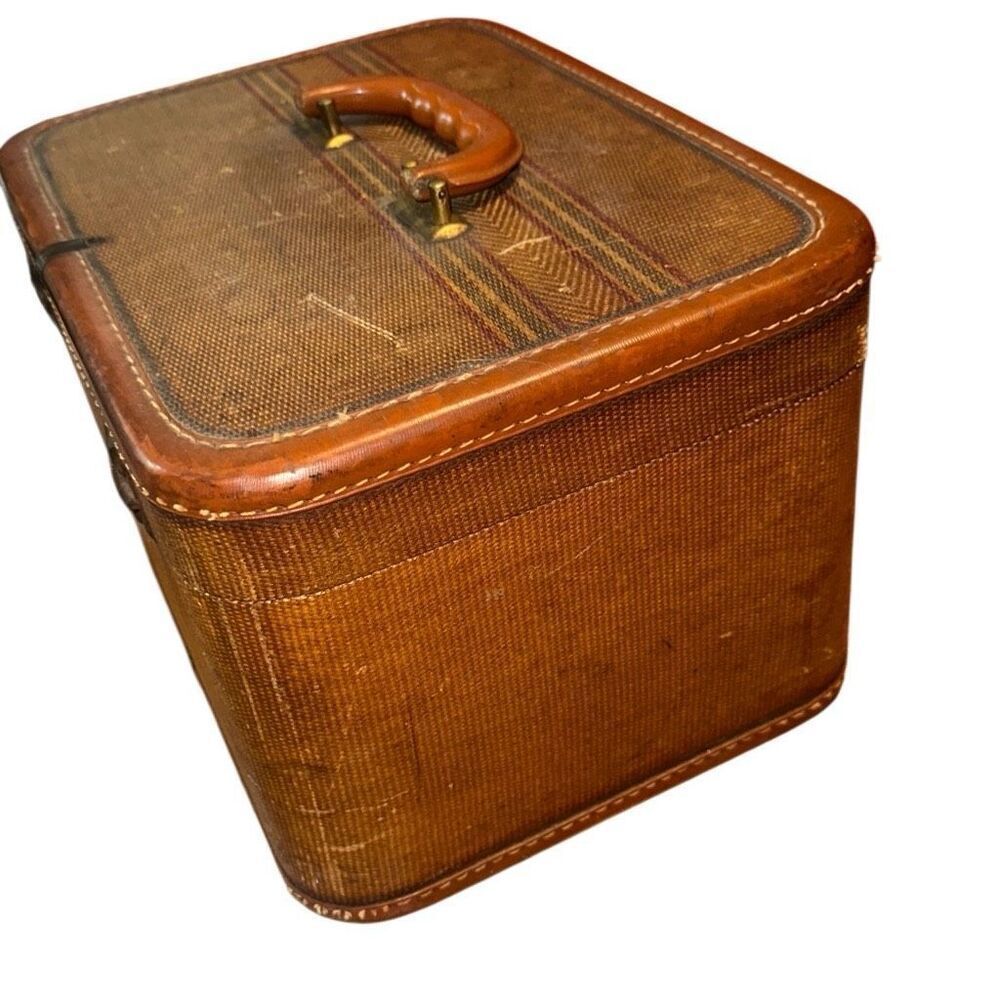 VTG MCM WOODEN, tweed, textured train case w mirror Hard Shell Train/Cosmetic/Ma - Picture 5 of 9